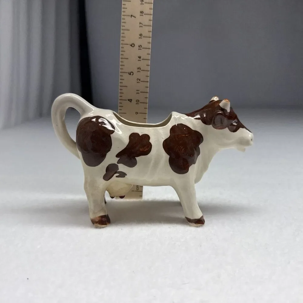 Japan Ceramic Spotted Cow Creamer Brown White Milk Pitcher Farmhouse Vintage